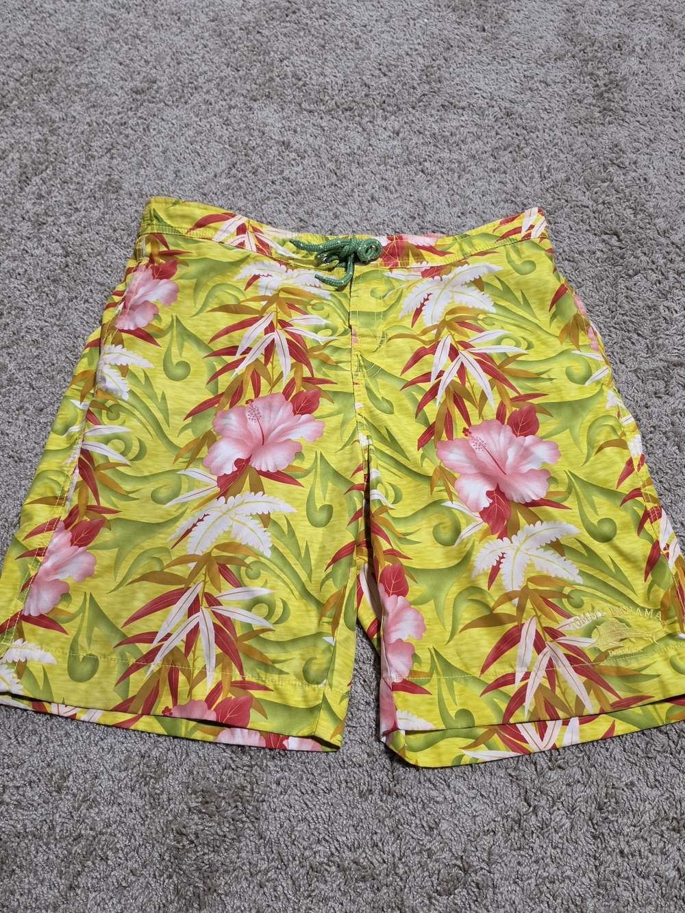 Vintage Tommy Bahama Relax Yellow Pink Tropical Print Swim Trunks, Size M
